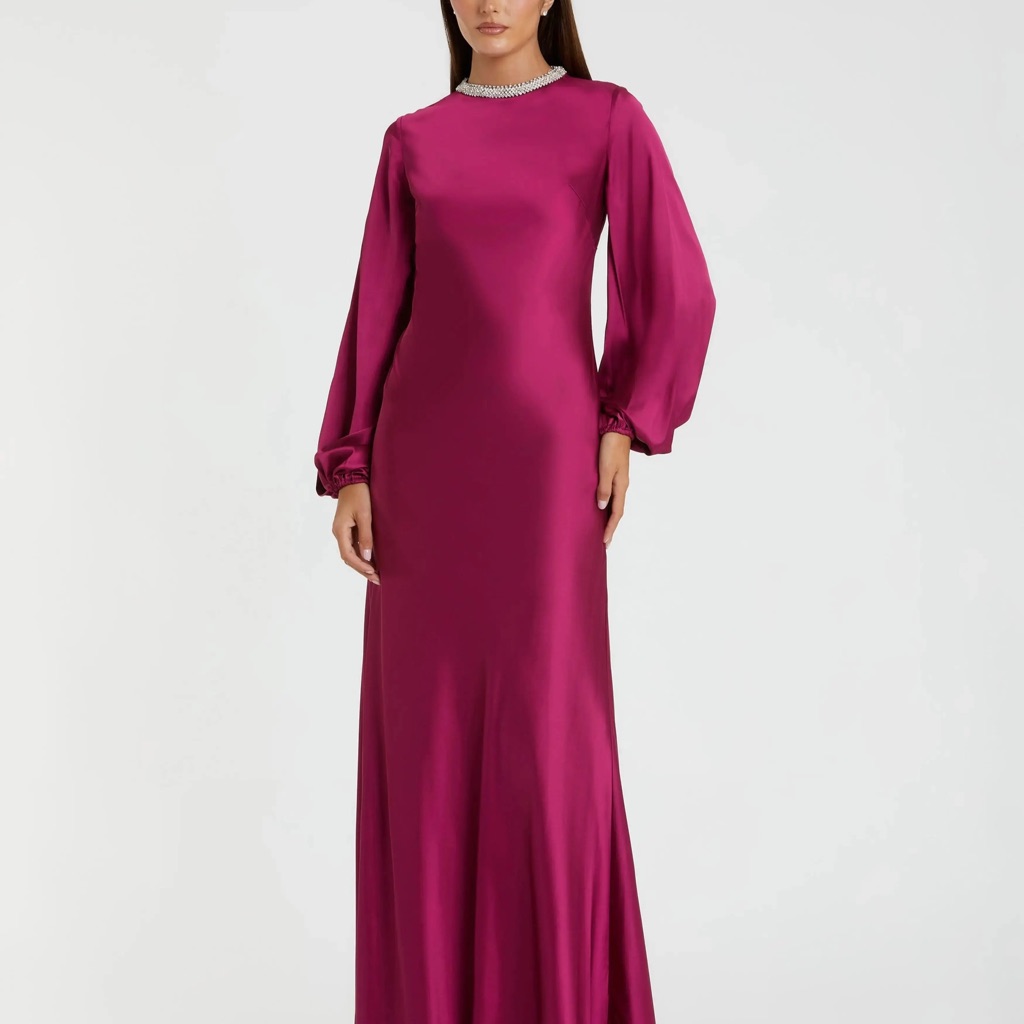 Mac Duggal Fuchsia Long Sleeve Dress With Jewel Collar